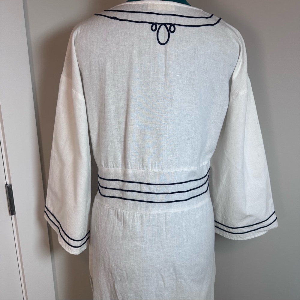 White Maxi Dress with Navy Trim and Tassel Tie - Picture 7 of 13